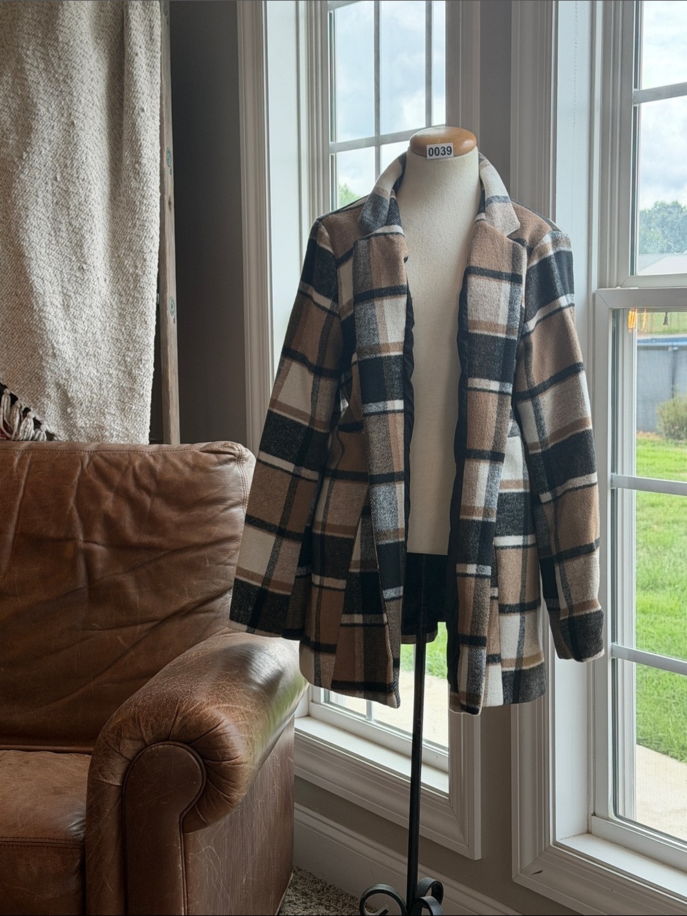Plaid Open-Front Blazer Jacket in Tan, Black & Cream